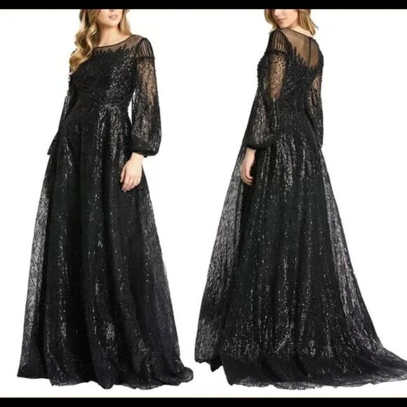 Mac Duggal 20307 Size 8 Black Jeweled Long Sleeve ALine Ballgown Gown Maxi Dress - Picture 1 of 4
